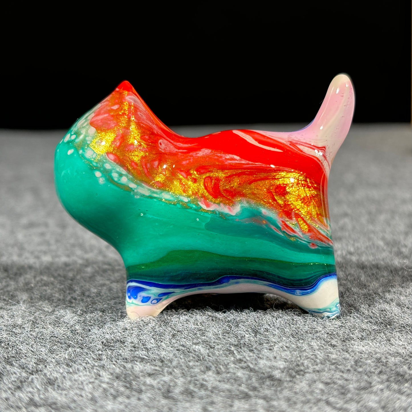 Medium-Sized Wooden Cat Sculpture with Green Red and Gold Fluid Painting