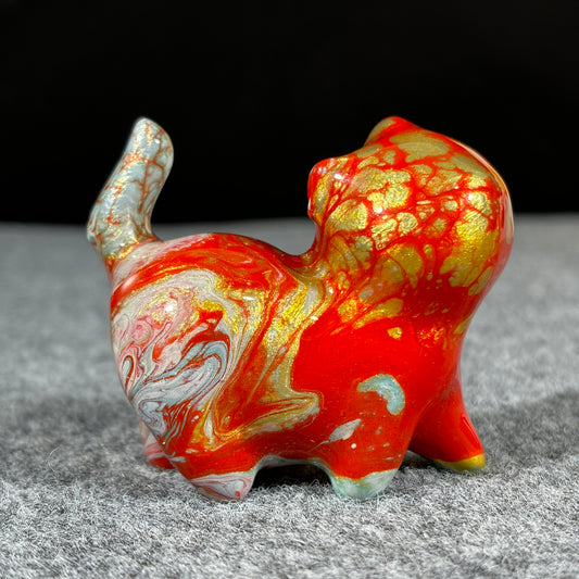 Medium-Sized Wooden Cat Sculpture with Red and Gold Fluid Painting