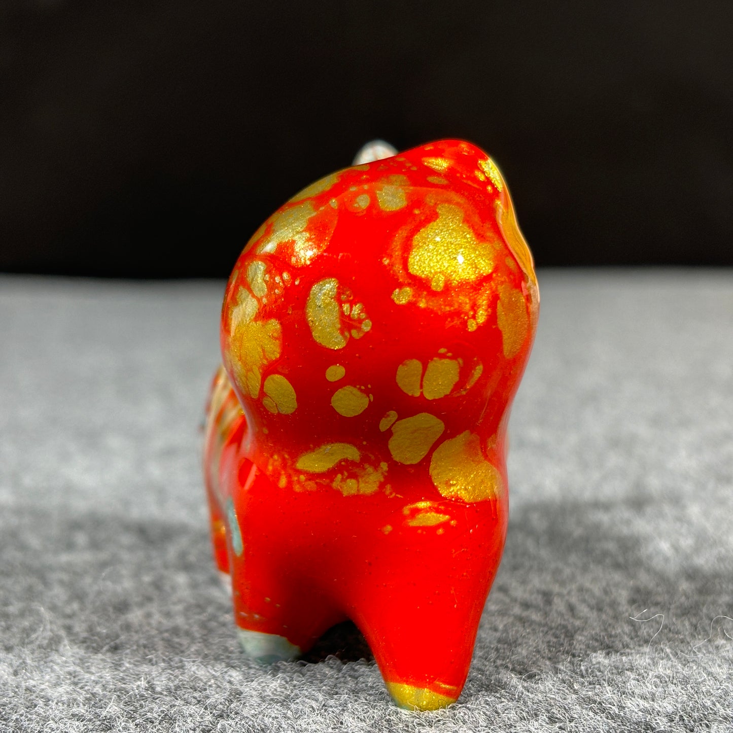 Medium-Sized Wooden Cat Sculpture with Red and Gold Fluid Painting