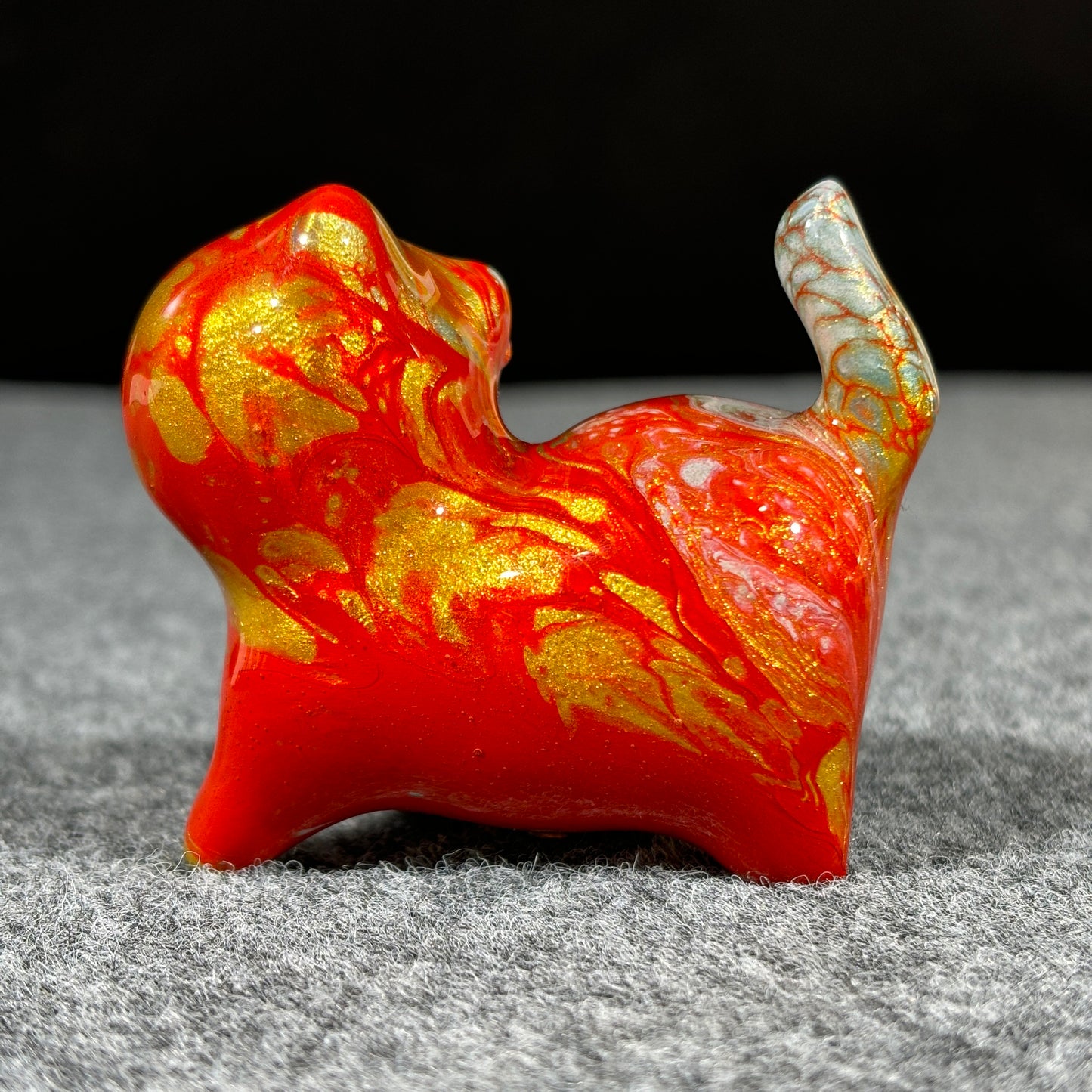 Medium-Sized Wooden Cat Sculpture with Red and Gold Fluid Painting