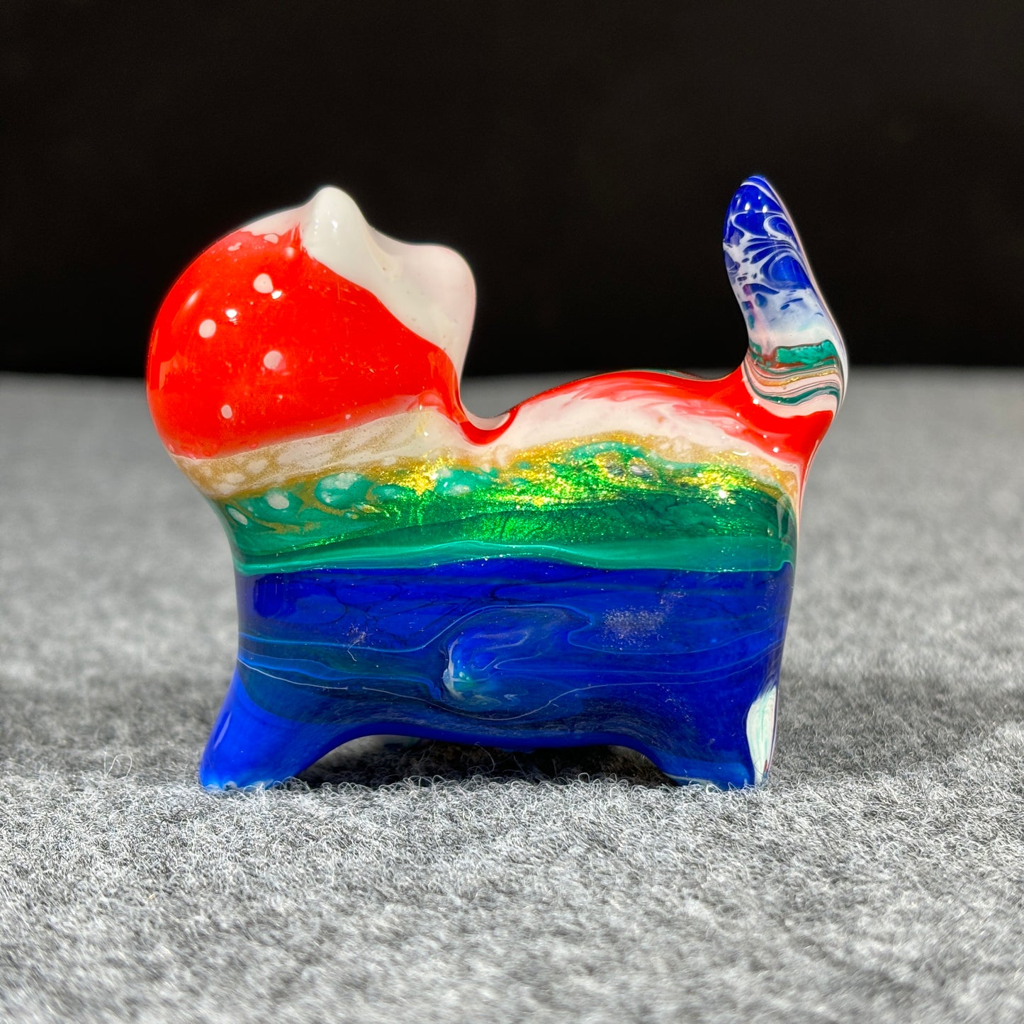 Wooden Cat Sculpture with Red Blue Green and Gold Fluid Painting Medium-Size