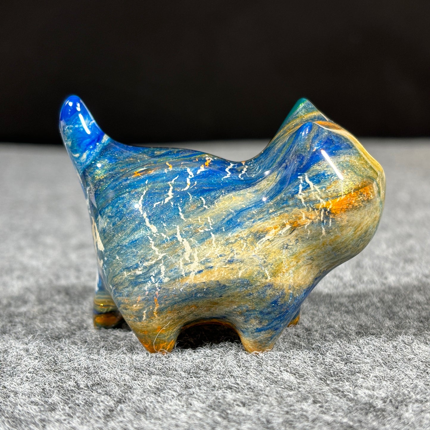 Wooden Cat Figurine with Blue Orange and Gold Fluid Painting Medium-Size