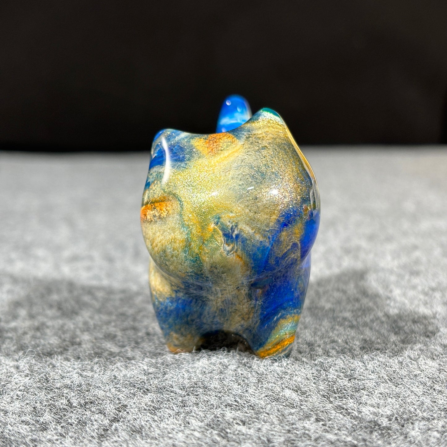 Wooden Cat Figurine with Blue Orange and Gold Fluid Painting Medium-Size