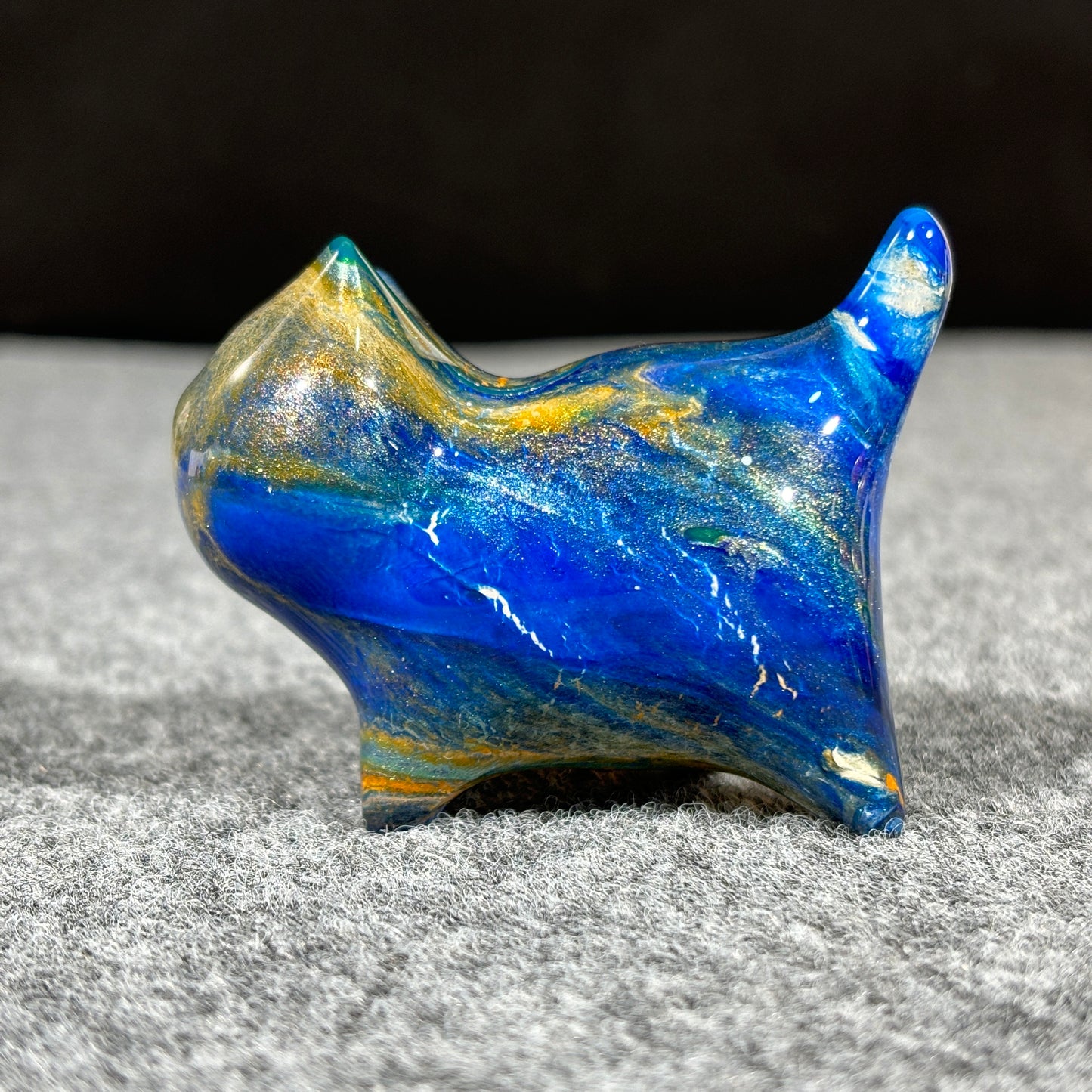 Wooden Cat Figurine with Blue Orange and Gold Fluid Painting Medium-Size