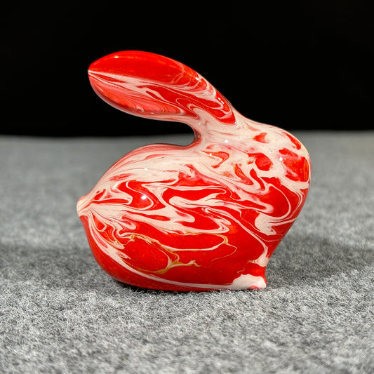 Wooden Rabbit Figurine with Red and White Fluid Painting Medium-Size