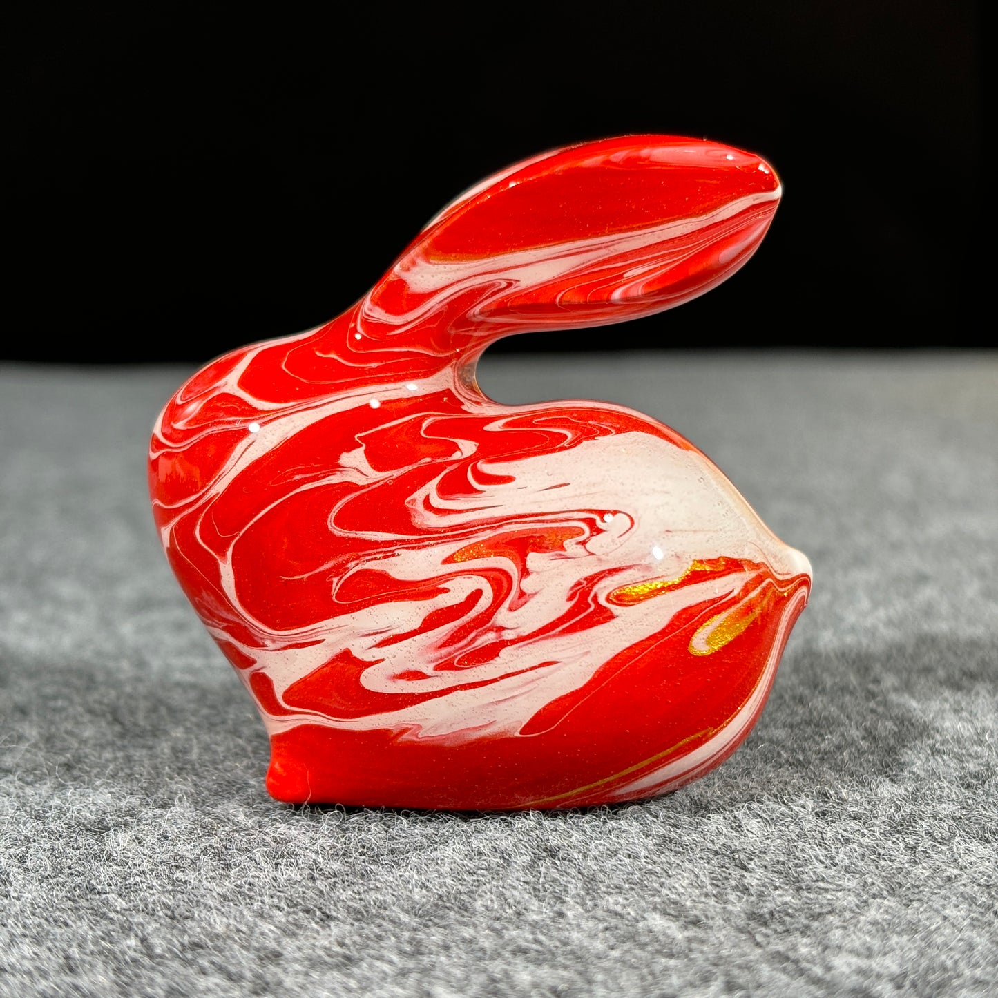 Wooden Rabbit Figurine with Red and White Fluid Painting Medium-Size