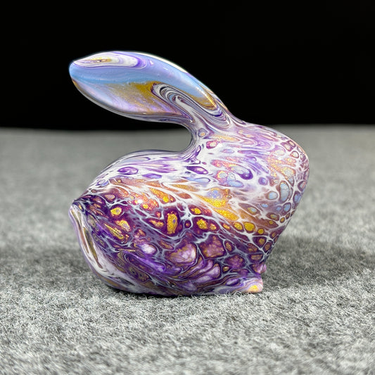 Wooden Rabbit Figurine with Purple White and Gold Fluid Painting Medium-Size