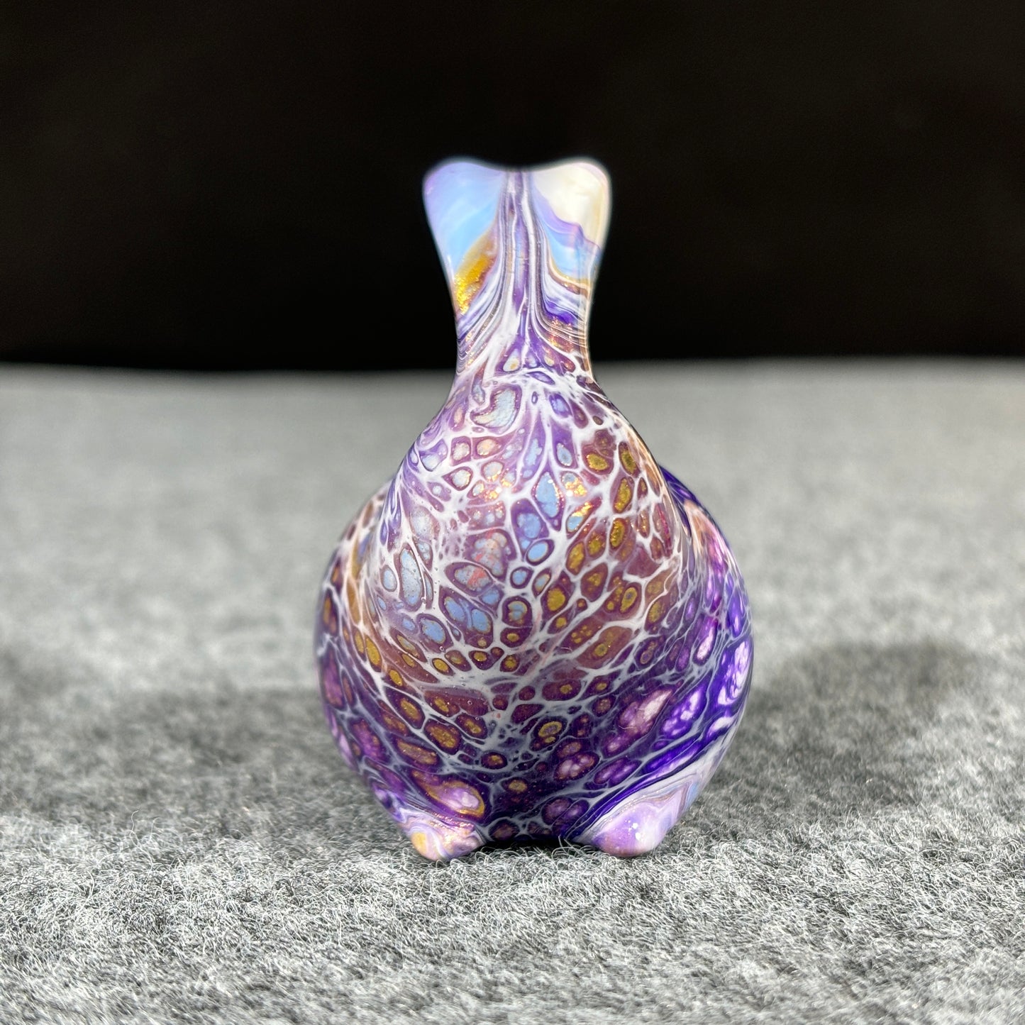 Wooden Rabbit Figurine with Purple White and Gold Fluid Painting Medium-Size