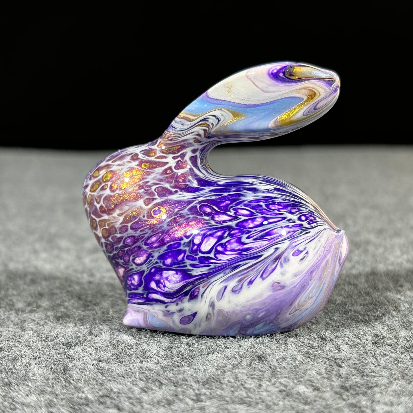 Wooden Rabbit Figurine with Purple White and Gold Fluid Painting Medium-Size