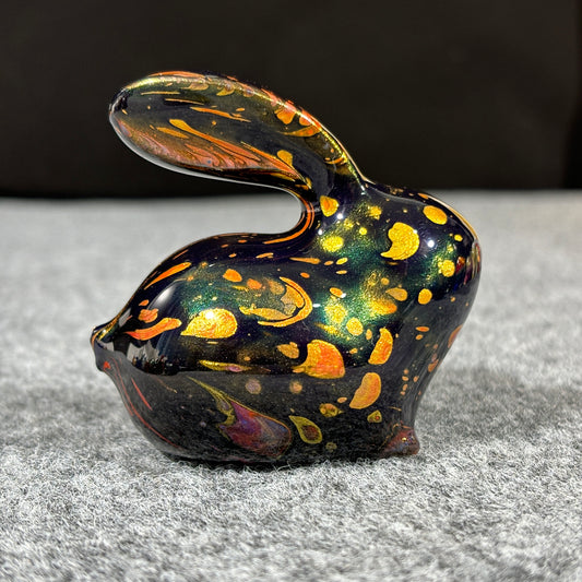 Wooden Rabbit Sculpture with Black Orange Gold Fluid Painting Medium-Size