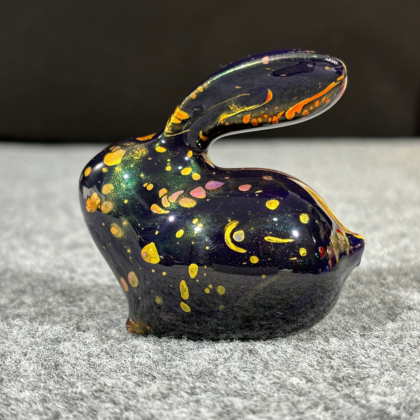 Wooden Rabbit Sculpture with Black Orange Gold Fluid Painting Medium-Size