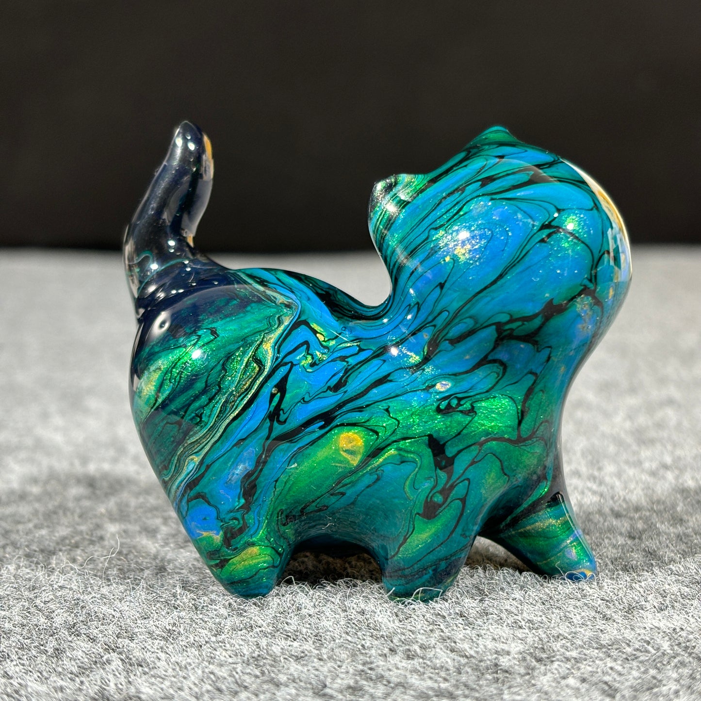 Medium-Sized Wooden Cat Figurine with Green Black and Blue Fluid Painting