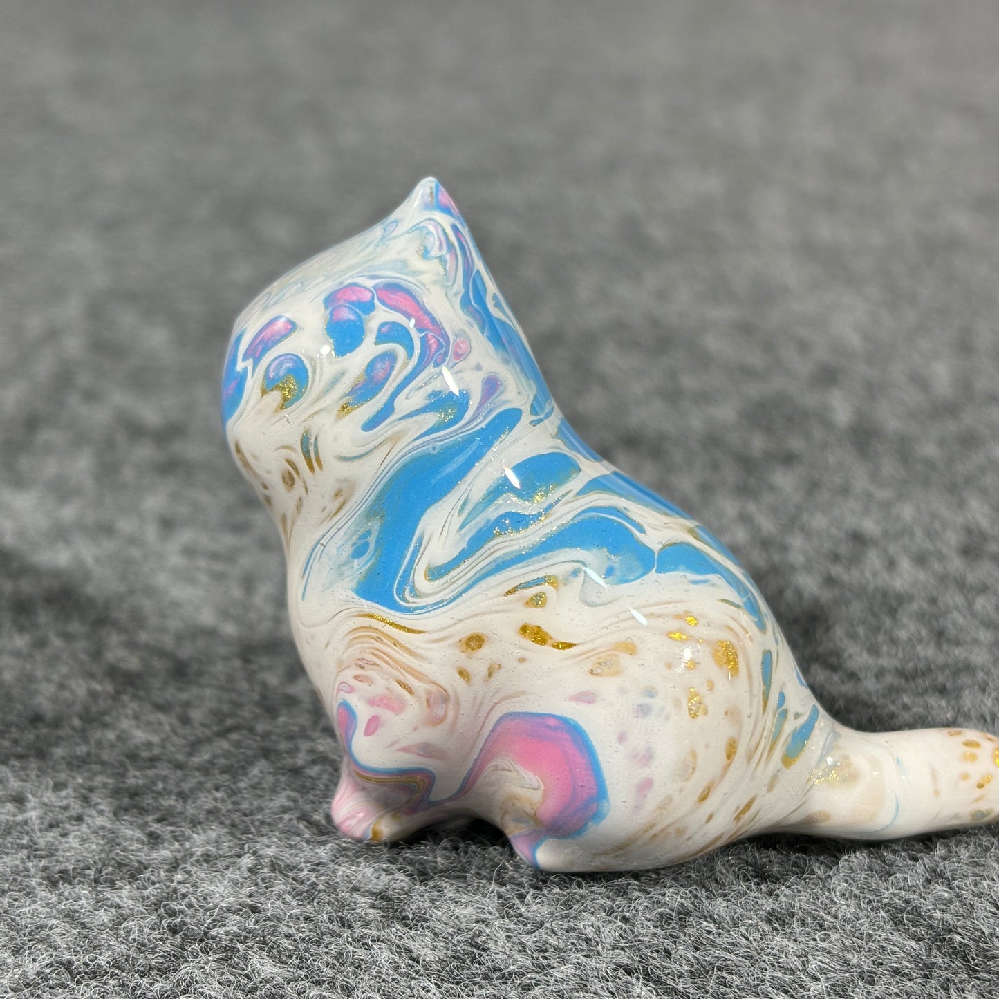 Blue White and Gold Fluid Painting Sitting Cat Figurine Desktop Decor