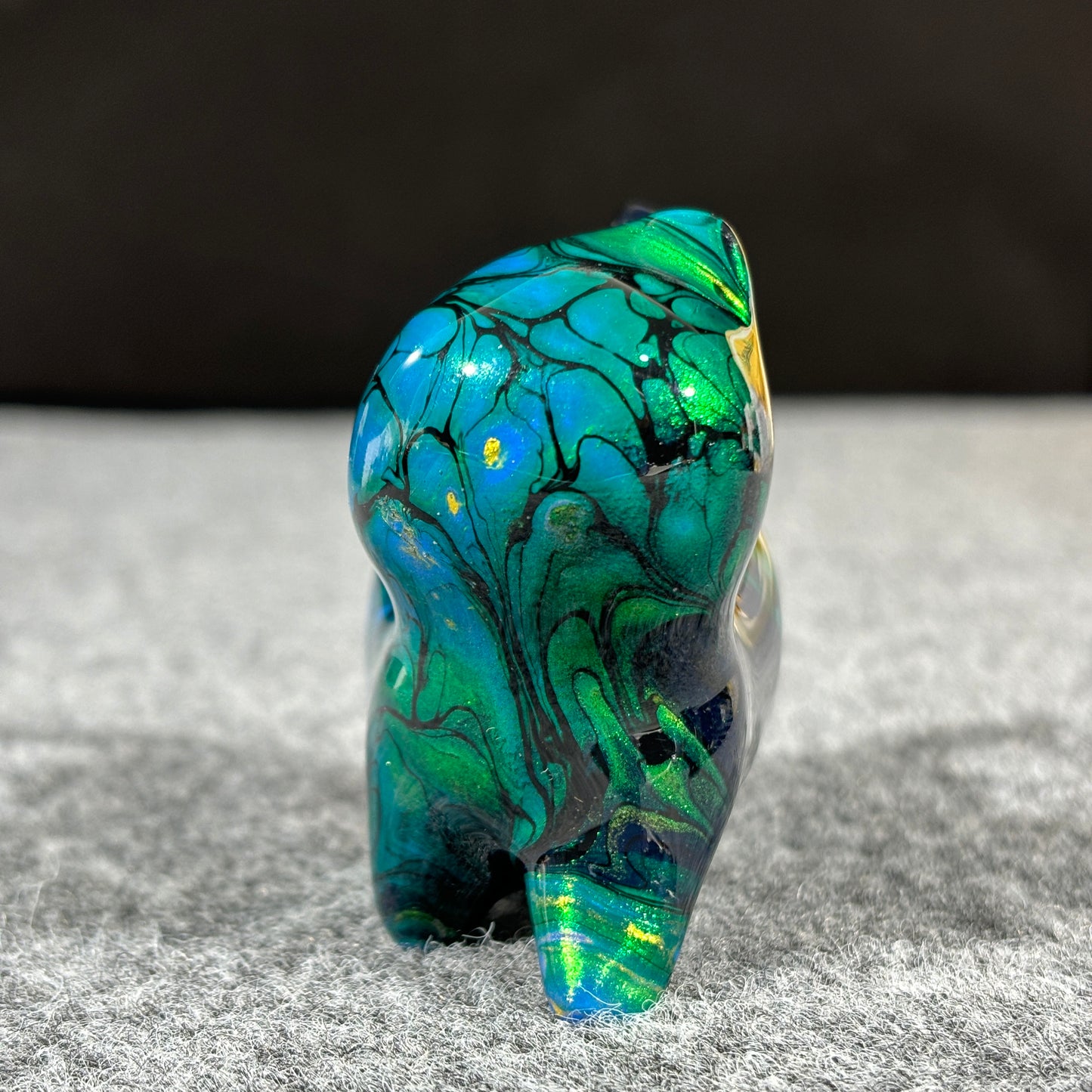 Medium-Sized Wooden Cat Figurine with Green Black and Blue Fluid Painting