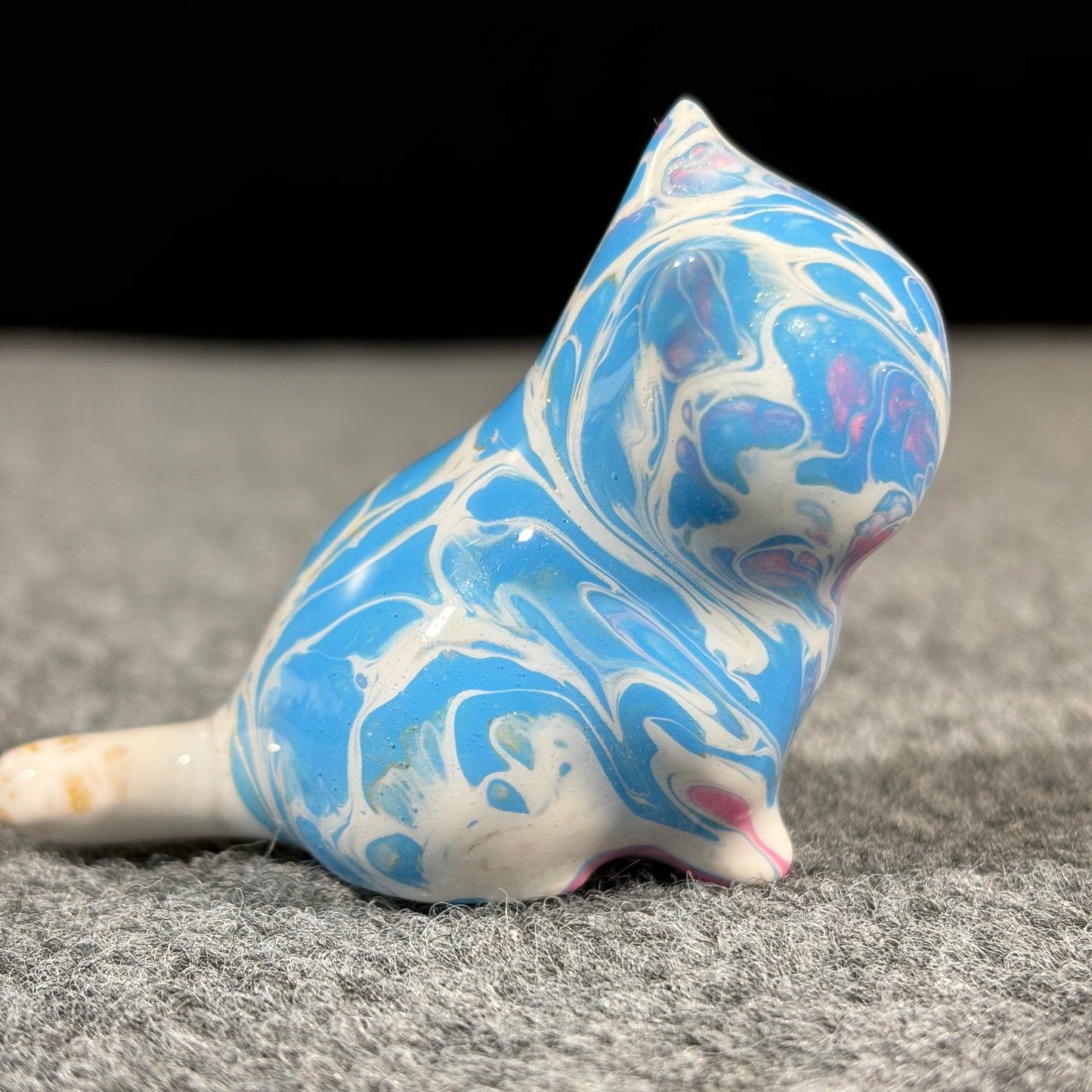 Blue White and Gold Fluid Painting Sitting Cat Figurine Desktop Decor