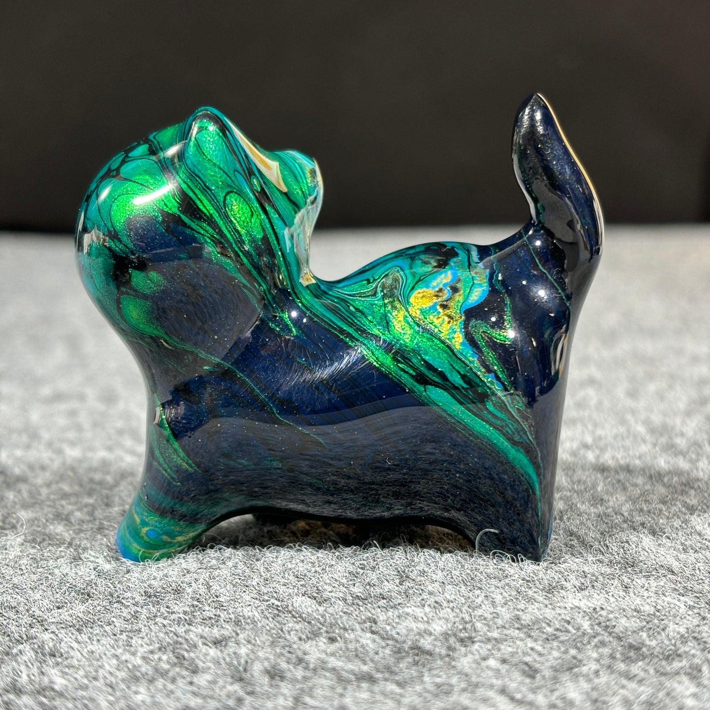 Medium-Sized Wooden Cat Figurine with Green Black and Blue Fluid Painting