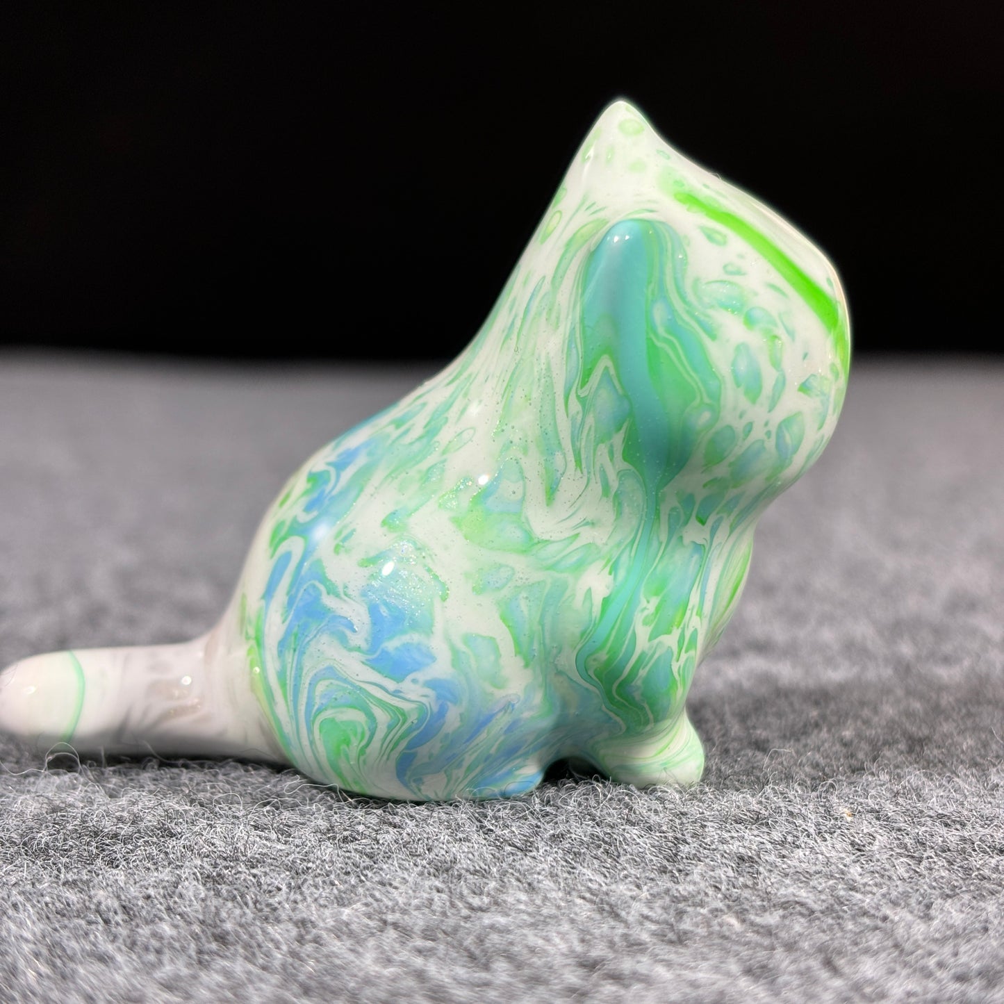 Green Blue Silver White Fluid Painting Sitting Cat Figurine Home Decor