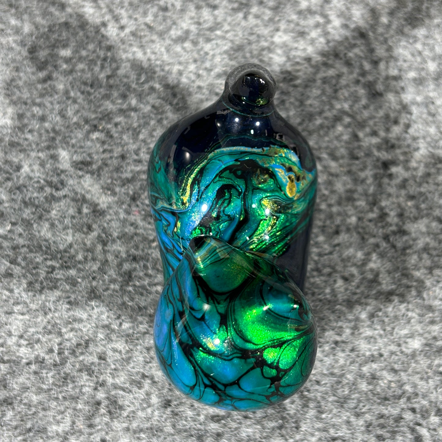 Medium-Sized Wooden Cat Figurine with Green Black and Blue Fluid Painting