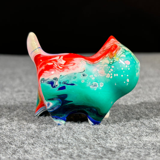 Medium-Sized Wooden Cat Sculpture with Green Red and Gold Fluid Painting